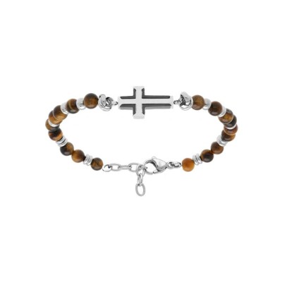 Bracelet acier boules marron croix 20mm pvd noir 19+2cm