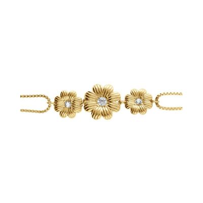 Bracelet acier dore 3 fleurs double chaîne oxydes blancs sertis 17+5cm