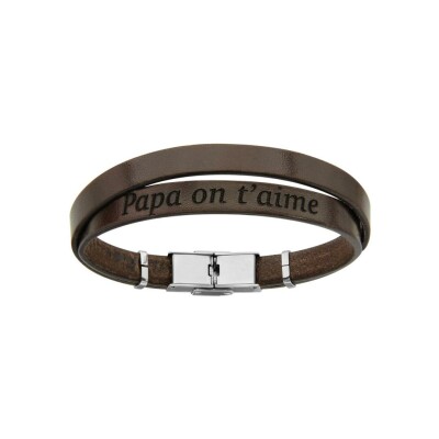 Bracelet acier et cuir bovin marron double modèle homme message cache 