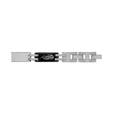 Bracelet acier et pvd noir junior 7mm gravure laser moif tribal 17cm réglable double fermoir 16cm