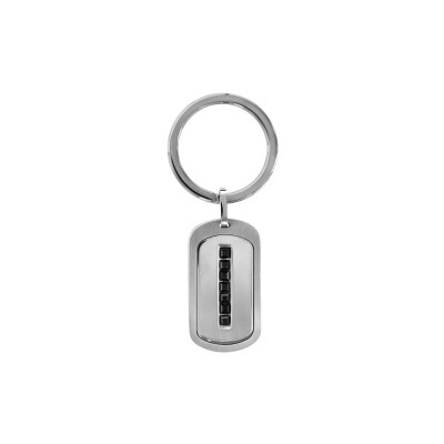 Porte clés acier rectangulaire pans arrondis bande pierres noires synthétique