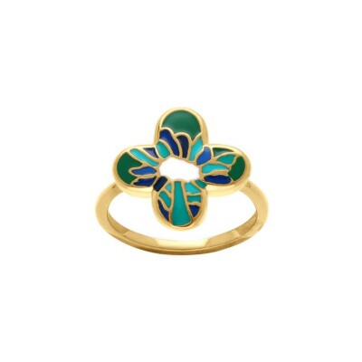 Bague acier Stella Mia forme fleur 16mm résine vert et bleu, taille 54