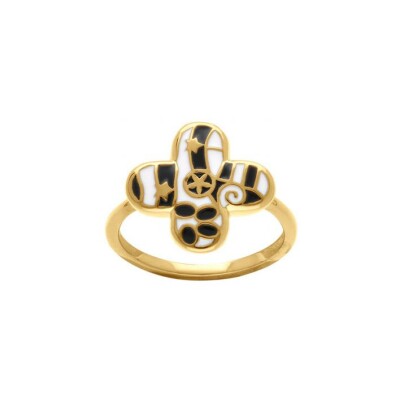 Bague acier doré Stella Mia forme fleur 16mm résine blanche et noire