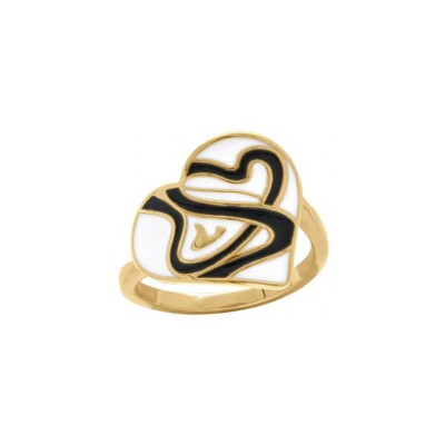 Bague acier doré Stella Mia forme coeur 17mm résine blanche et noire