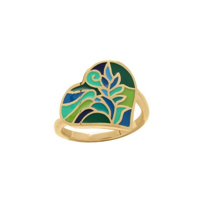 Bague acier doré Stella Mia forme coeur 17mm résine vert et bleu