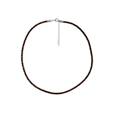 Collier cordon cuir bovin tresse marron fermoir mousqueton acier 45cm + 5cm