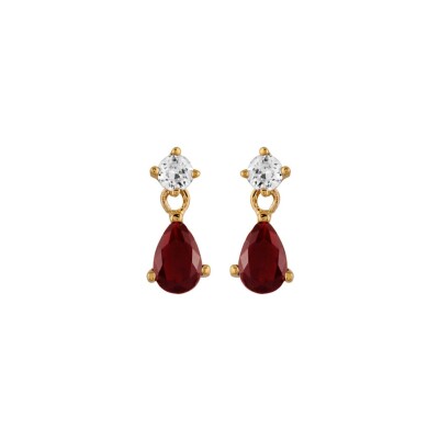 Boucles d'oreilles plaqué or tige pierre goutte pendante rouge synthétique