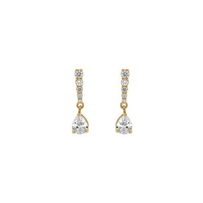 Boucles d'oreilles tige plaqué or pendante barette oxydes blancs et goutte oxyde blanc serti