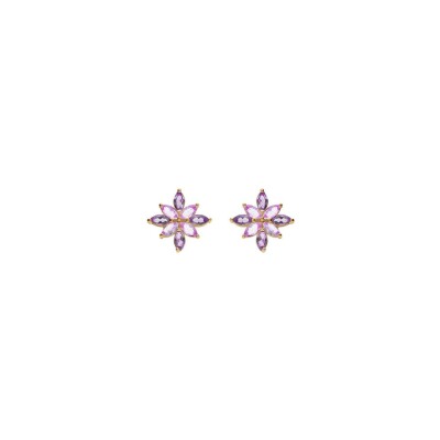 Boucles d'oreilles tige plaqué or fleur oxydes violet et rose