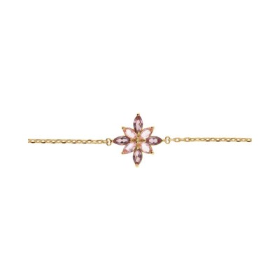Bracelet plaqué or fleur oxydes violet et rose 15.5+2.5cm