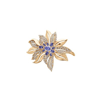 Broche plaqué or fleur oxydes bleus et blancs sertis