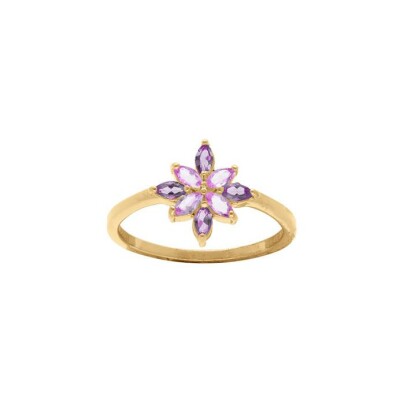 Bague plaqué or fleur oxydes violet et rose, taille 54