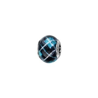 Charms coulissant argent rhodié murano véritable bleu motif carreaux
