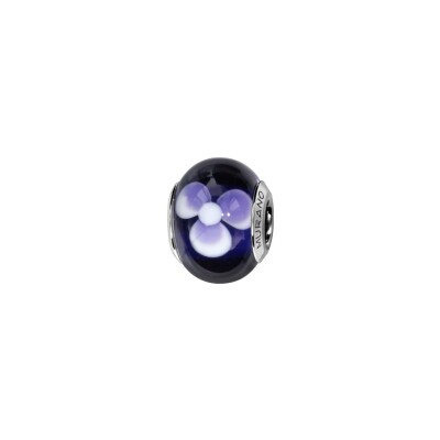 Charms coulissant argent rhodié murano véritable bleu nuit avec fleur