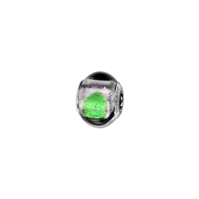 Charms coulissant argent rhodié murano véritable blanc rond vert filet noir