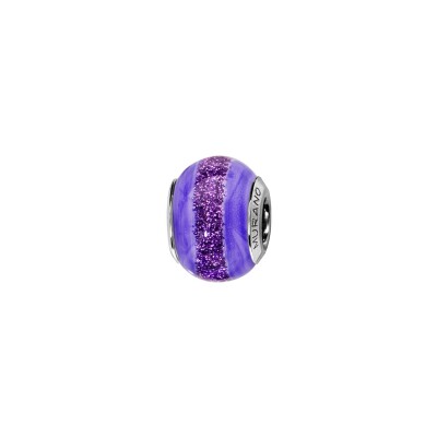Charms coulissant argent rhodié murano violet bande paillette