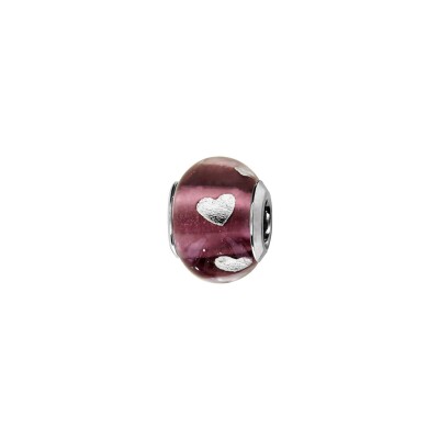 Charms coulissant argent rhodié murano violet transparent avec coeur