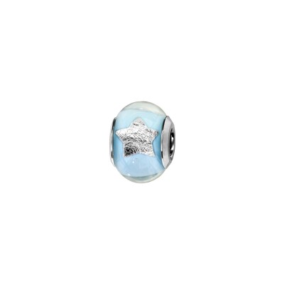 Charms coulissant argent rhodié murano bleu clair avec étoile