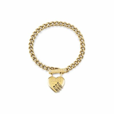 Bracelet Guess Lock Me Up en acier doré, forme cadenas coeur, fermoir T et logo GUESS 