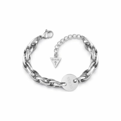 Bracelet Guess Chain Reaction en acier rhodié, avec large maille et pièce logo Guess