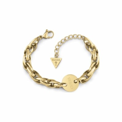 Bracelet Guess Chain Reaction en acier doré, avec large maille et pièce logo Guess