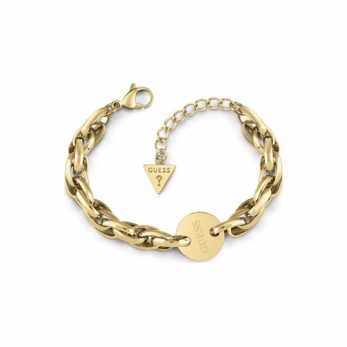 Bracelet Guess Chain Reaction en acier doré, avec large maille et pièce logo Guess