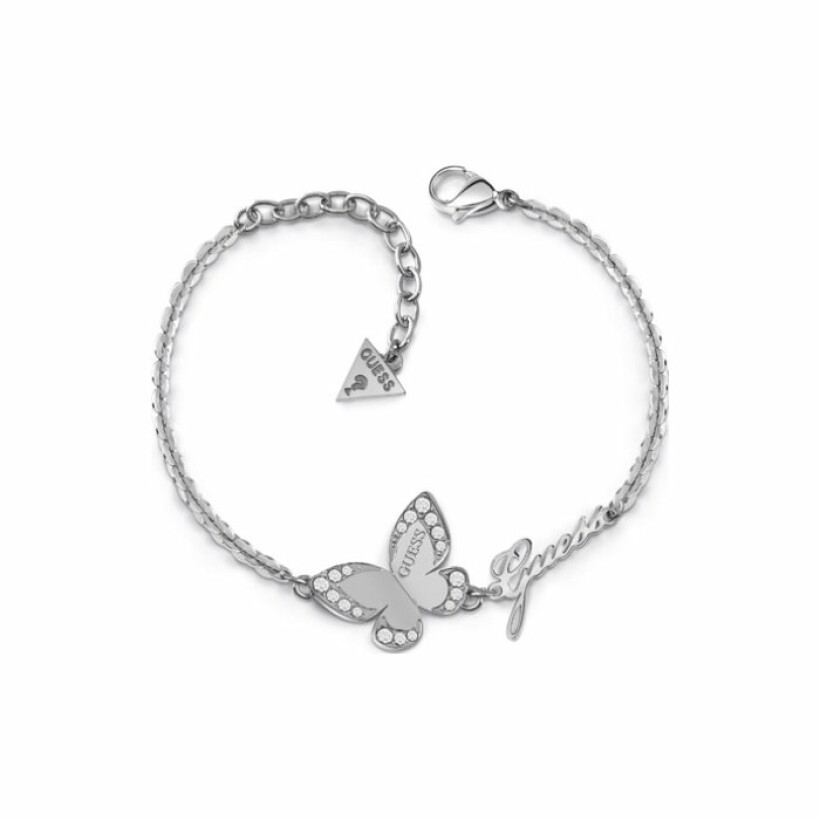 Bracelet Guess Love Butterfly en acier et cristaux Swarovski, chaîne avec logo GUESS et papillon
