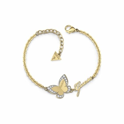 Bracelet Guess Love Butterfly en acier et cristaux Swarovski, chaîne avec logo GUESS et papillon