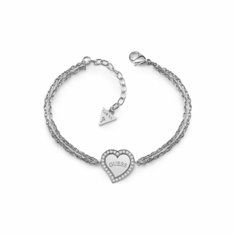 Bracelet Guess Heart Warming en acier et cristaux Swarovski, avec deux chaînes , coeur et logo GUESS pavé de cristaux 