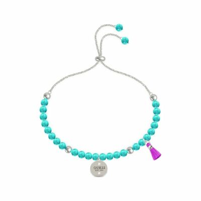 Bracelet Guess Nature Girl en acier rhodié et perles turquoises, pampille