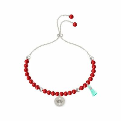 Bracelet Guess Nature Girl en acier rhodié et perles rouges, pampille
