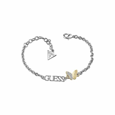 Bracelet Guess Mariposa en métal rhodié doré, forme papillon et logo Guess