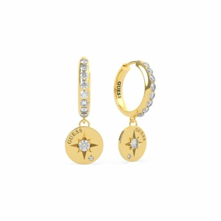 Boucles d'oreilles Guess Wanderlust en acier doré, cristaux Swarovski, forme boussole 