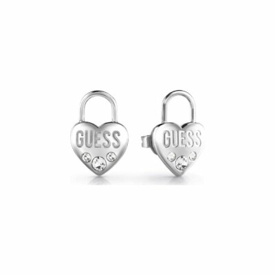 Boucles d'oreilles Guess Lock Me Up en acier rhodié, cristaux Swarovski, forme cadenas coeur, logo GUESS 