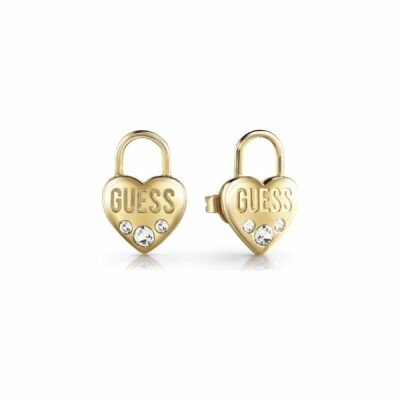 Boucles d'oreilles Guess Lock Me Up en acier doré, forme cadenas coeur, logo GUESS 