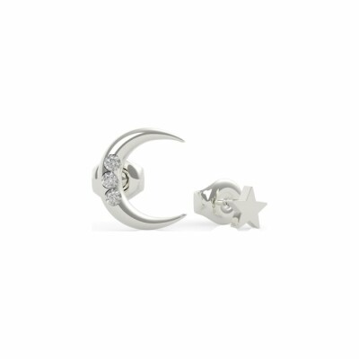 Boucles d'oreilles puces Guess Get Lucky en dépareillées acier rhodié, forme lune et étoile