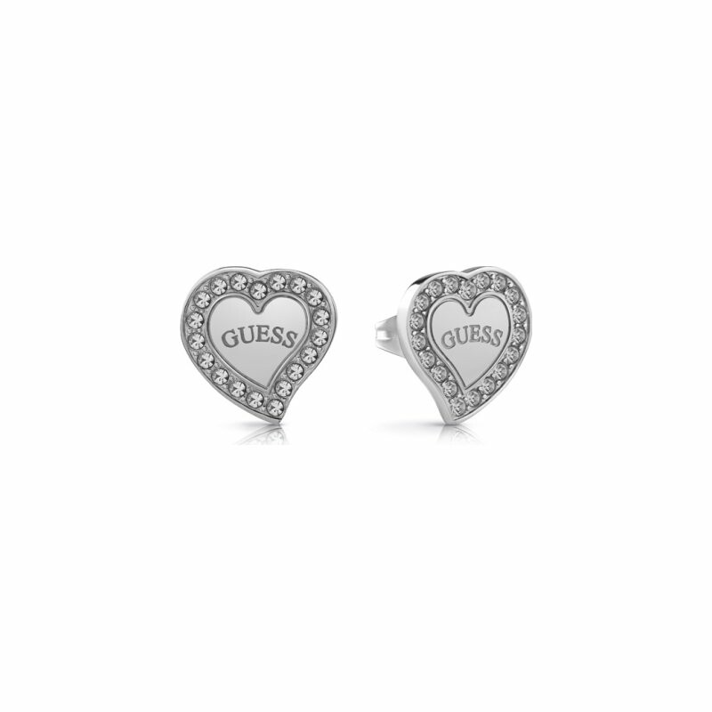 Boucles d'oreilles Guess Heart Warming en acier, forme Coeur, logo GUESS et cristaux Swarovski