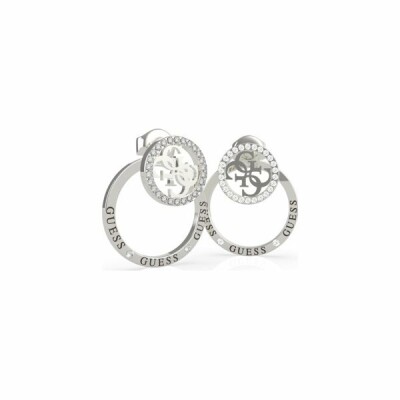 Boucles d'oreilles puces Guess Equilibre en acier rhodié, cristaux Swarovski, logo 4G 