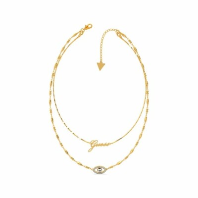 Collier Guess Get Lucky en acier doré, double chaine forme oeil et logo GUESS