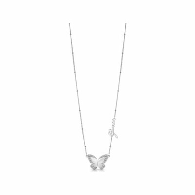 Collier Guess Love Butterfly en acier rhodié, chaîne avec logo GUESS et papillon