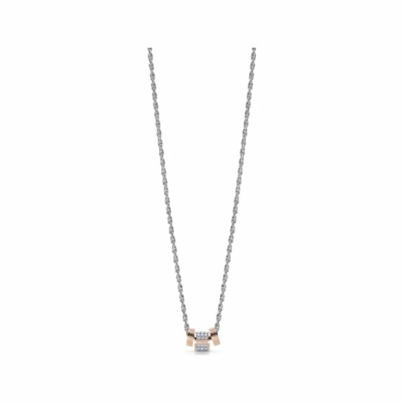 Collier Guess Love Knot en acier doré rose et cristaux Swarovski, entouré de deux anneaux dorés rose avec logos GUESS