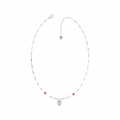 Collier Guess Nature Girl en acier rhodié et perles rouges, avec pampille 
