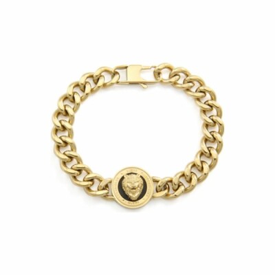 Bracelet Guess Hero en acier doré, forme tête de lion fond noir