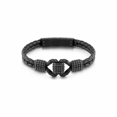 Bracelet Guess Hero en acier rhodié et cuir tressé noirs