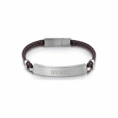 Bracelet GUESS Men in Guess en cuir marron, fermoir et plaque en acier