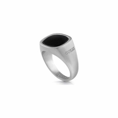 Bague Guess Hero en acier rhodié, forme carrée, pierre noire