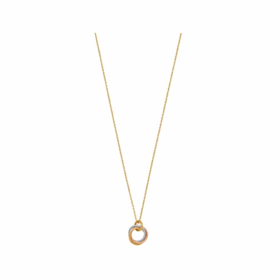 Collier chaîne avec pendentif 3 cercles entremêlés en or jaune, or blanc et or rose