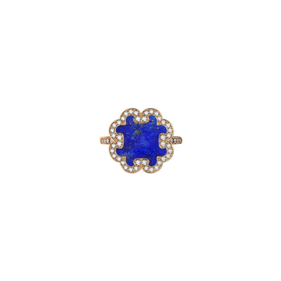 Bague A-J Aubert Volutes en or rose, pavée de diamants et lapis lazuli