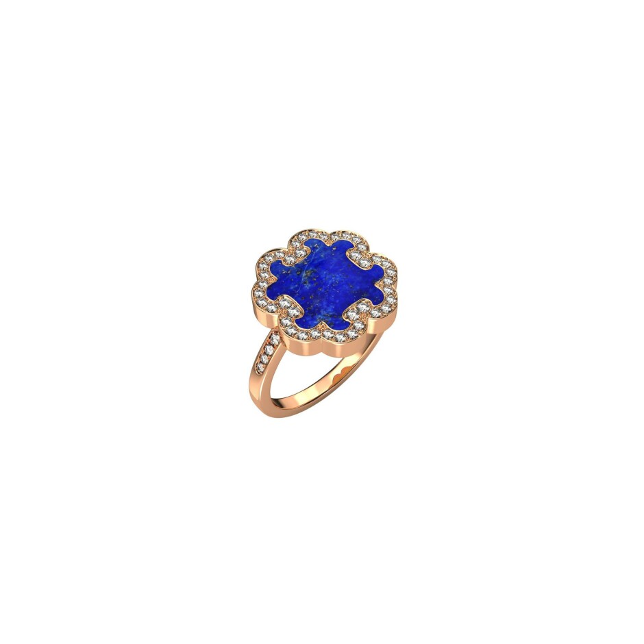 Bague A-J Aubert Volutes en or rose, pavée de diamants et lapis lazuli