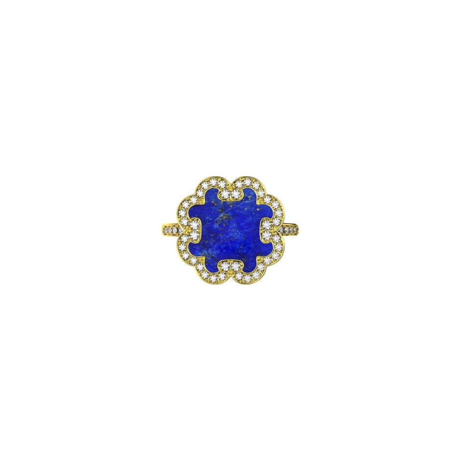 Bague A-J Aubert Volutes en or jaune, pavée de diamants et lapis lazuli
